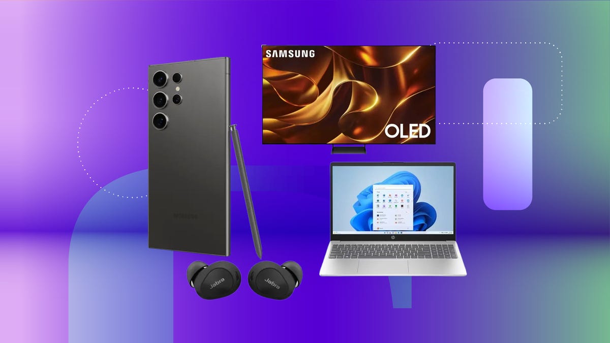 Shows a laptop, phone, TV and headphones on a purple background.