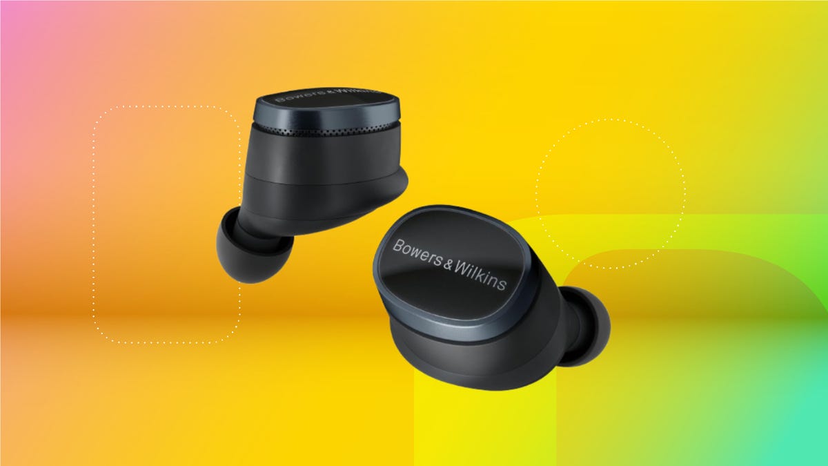 Black Bowers & Wilkins earbuds displayed against a gradient background that fades from orange to yellow to green