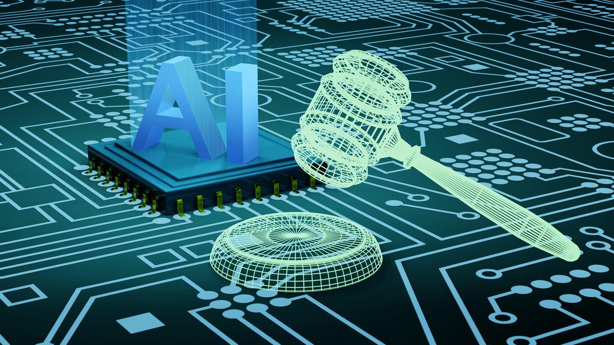 The letters "AI" on a graphic rendering of a circuit board, plus a wireframe gavel