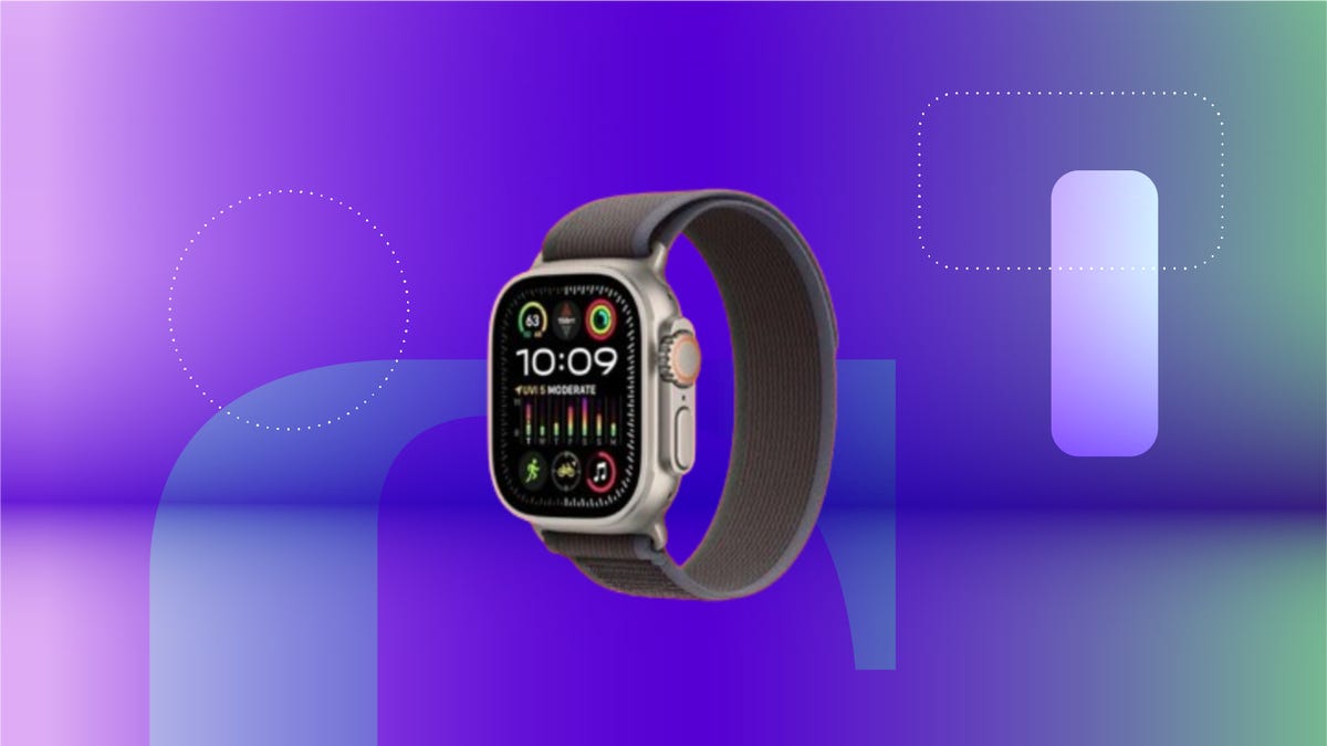 The Titanium edition of the Apple Watch Ultra 2 is displayed against a gradient background.